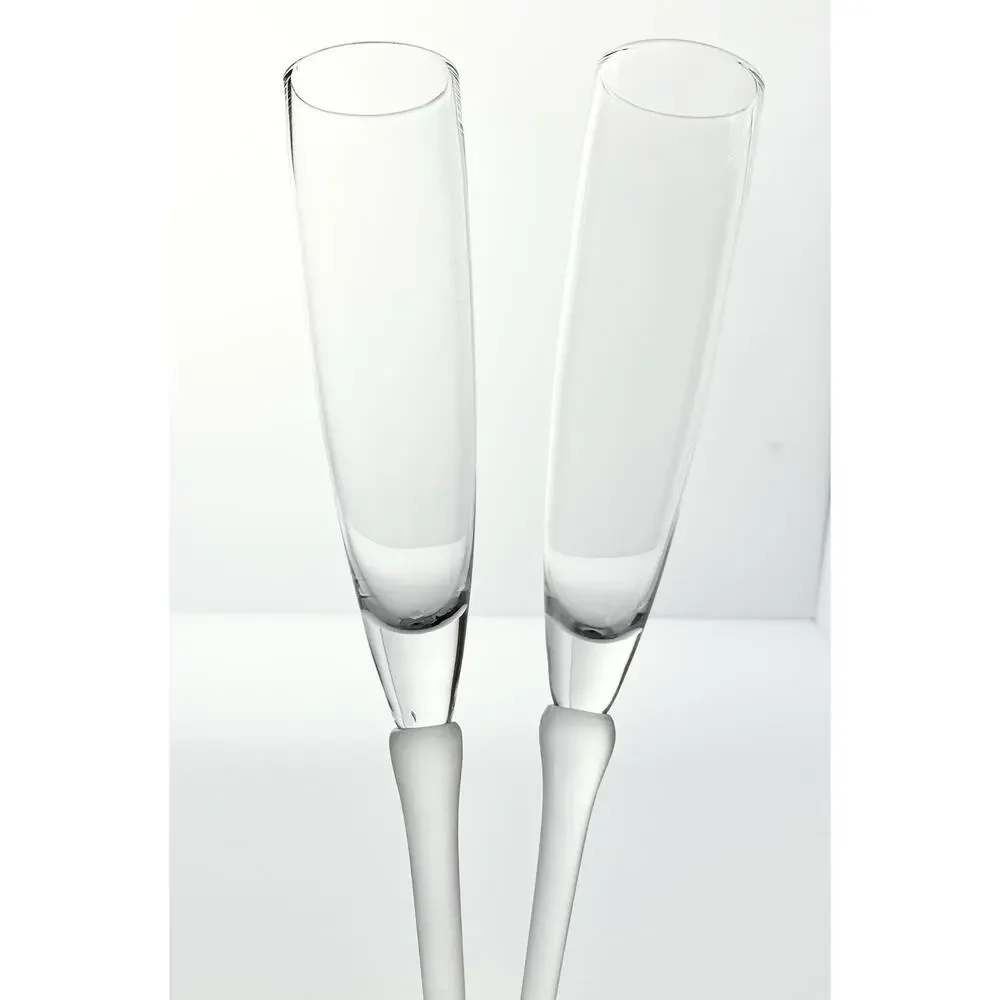 2 Stemless Footless Long Frosted Handle Blown Toasting Champagne Glasses 17 3/4”